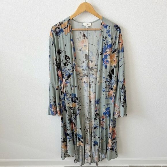 Umgee Mint Sage Floral Bell Sleeve Kimono Open Front Boho Size S - Picture 7 of 7
